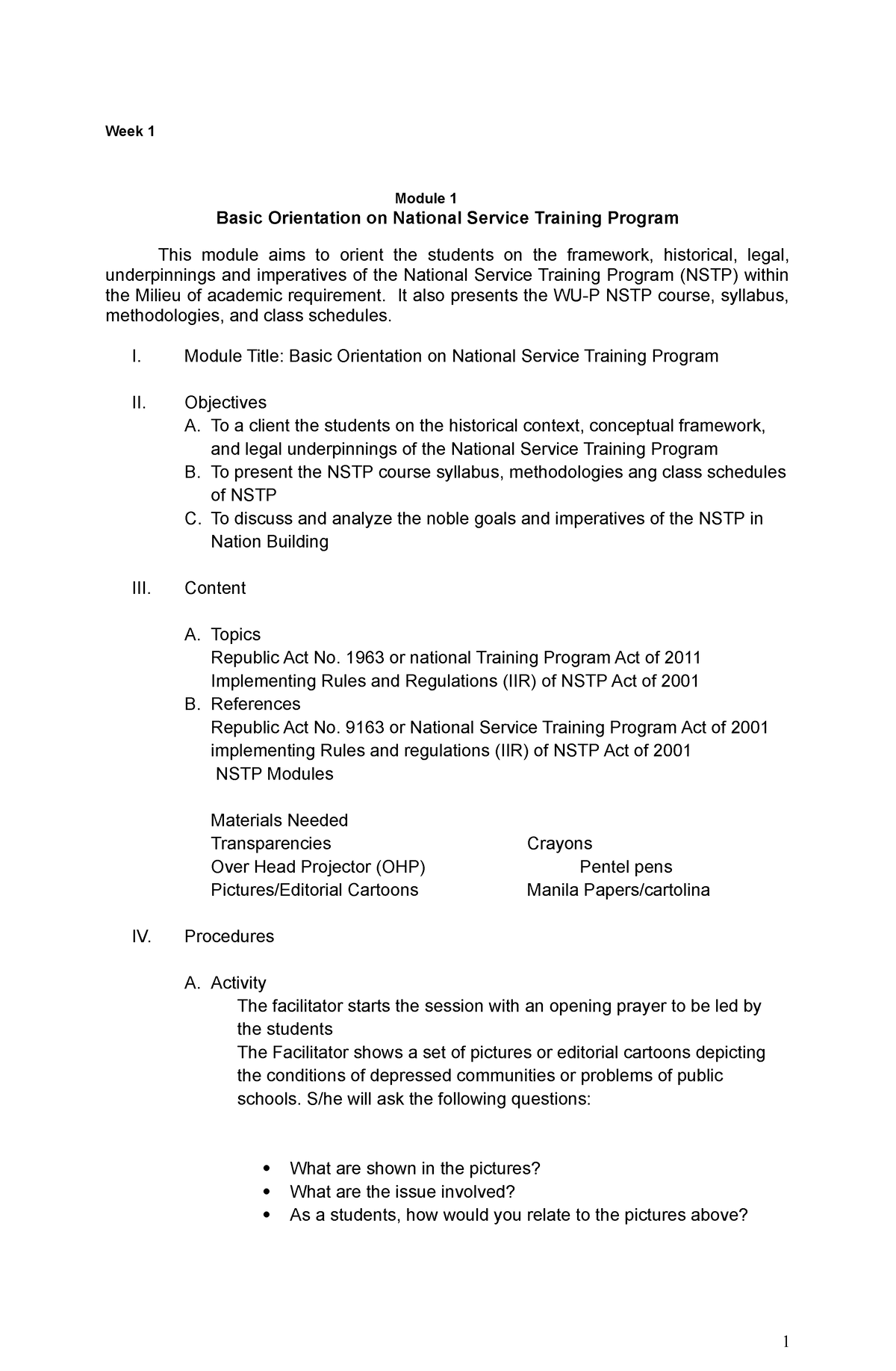 NSTP-1- Module - Week 1 Module 1 Basic Orientation On National Service ...