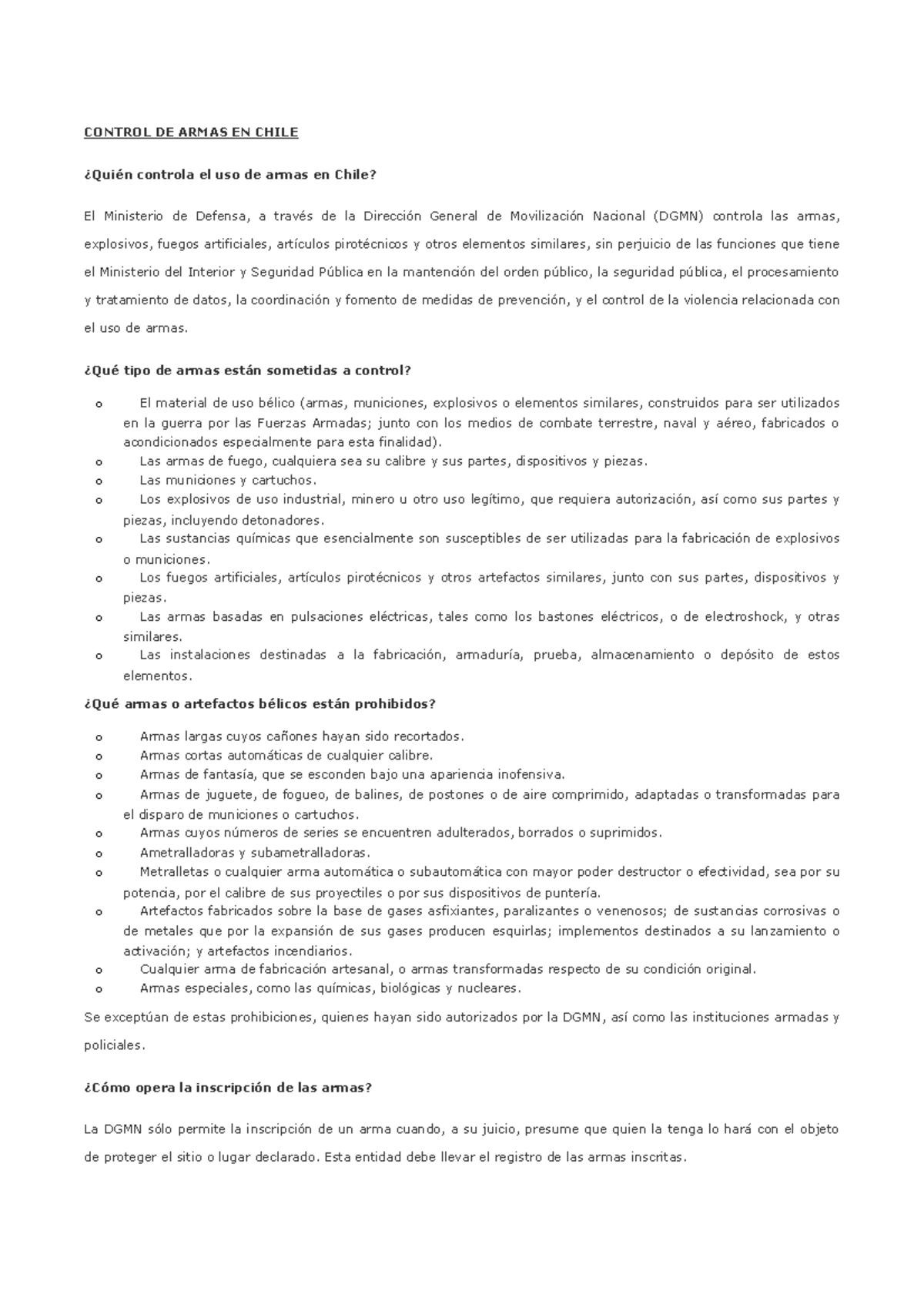 Control DE Armas EN Chile CONTROL DE ARMAS EN CHILE ¿Quién controla