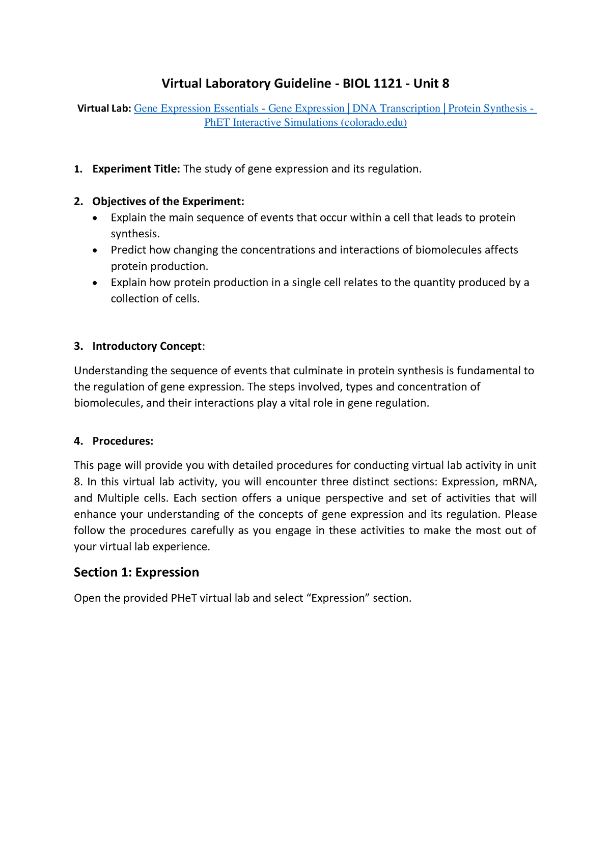 Vlab Guideline U8 - Lab unit 8 - Virtual Laboratory Guideline - BIOL ...