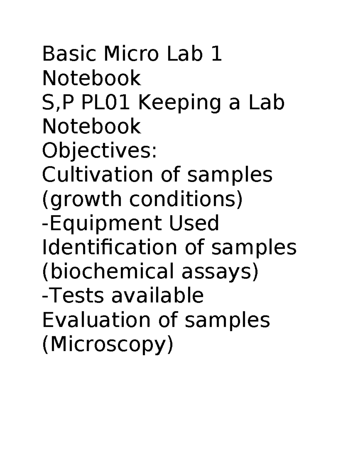 SP02 Basics of Microscopy Basic Micro Lab 1 Notebook S,P PL01 Keeping