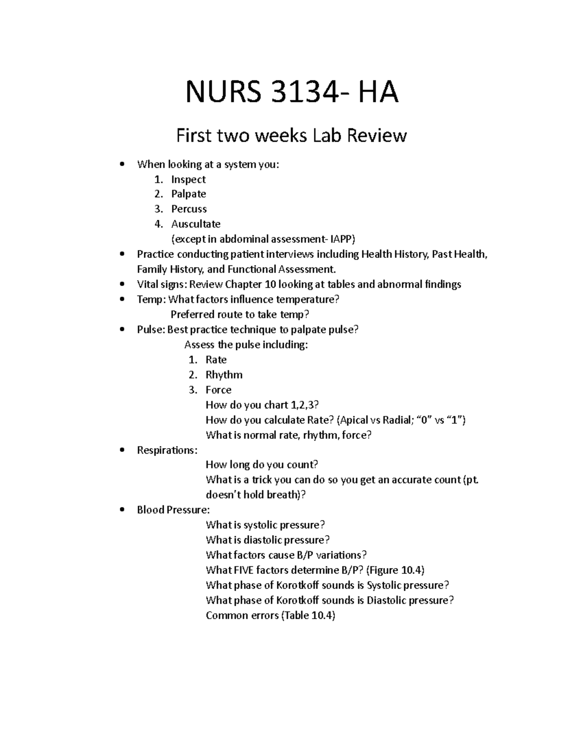 Lab Review first two weeks NURS 3134 HA First two weeks Lab Review