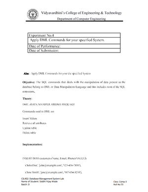 Dbms Exp1 - experiments - Database Management System - Studocu