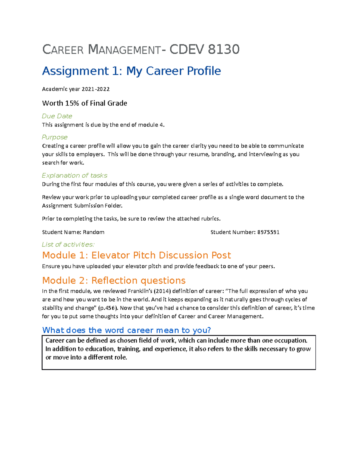 CDEV8130 Career Management Assignment 1 My Career Profile - CAREER ...