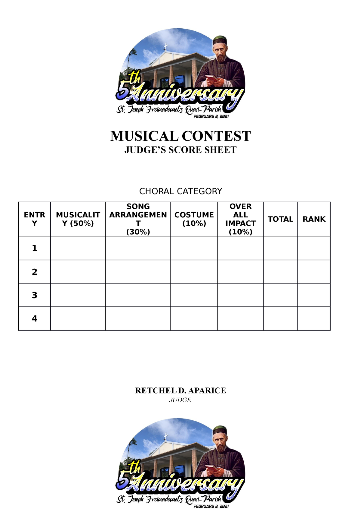 Score Sheet for Judging - JUDGE’S SCORE SHEET CHORAL CATEGORY ENTR Y 