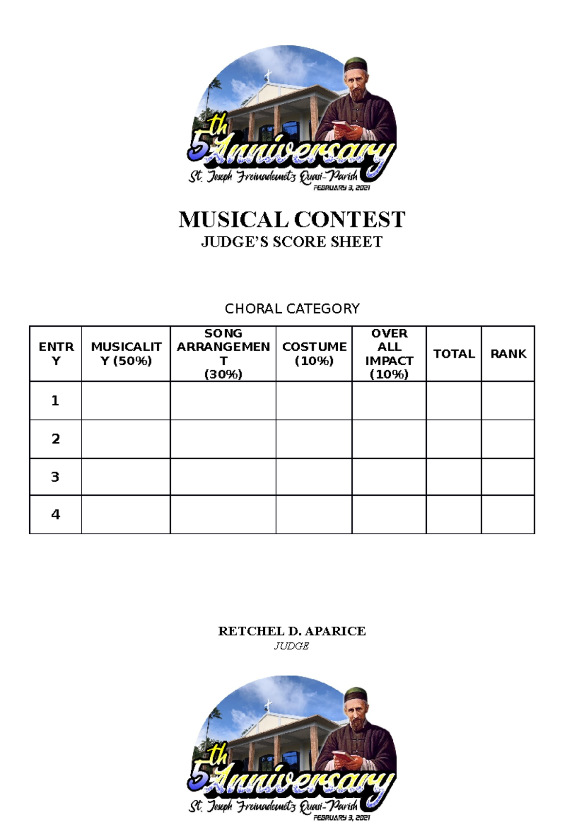 Score Sheet For Judging JUDGE S SCORE SHEET CHORAL CATEGORY ENTR Y