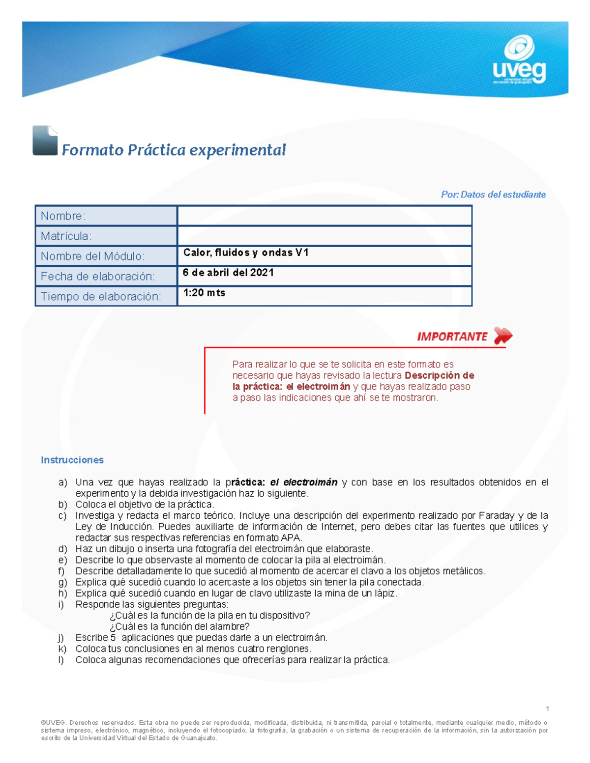 Práctica experimental - Formato Práctica experimental Por: Datos del ...