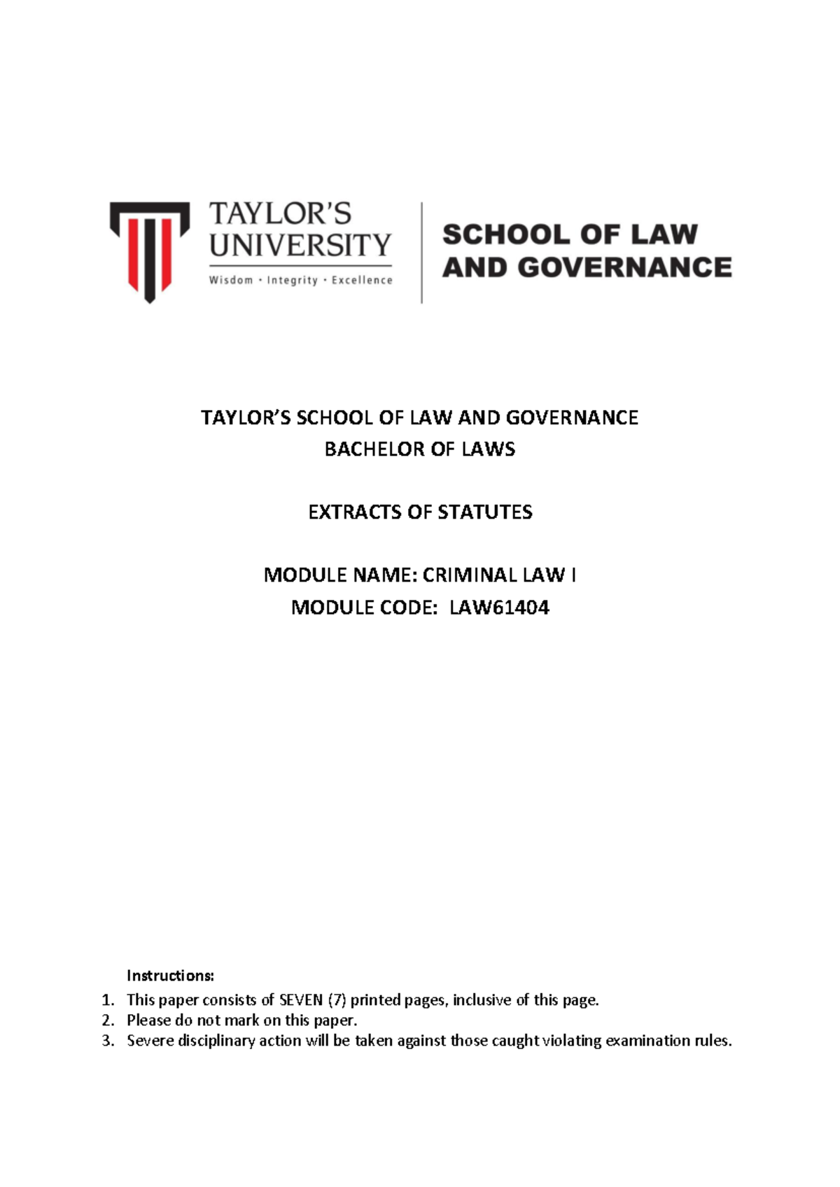 Criminal Law I exam - Extracts of Statutes (August 2023) - TAYLOR’S ...