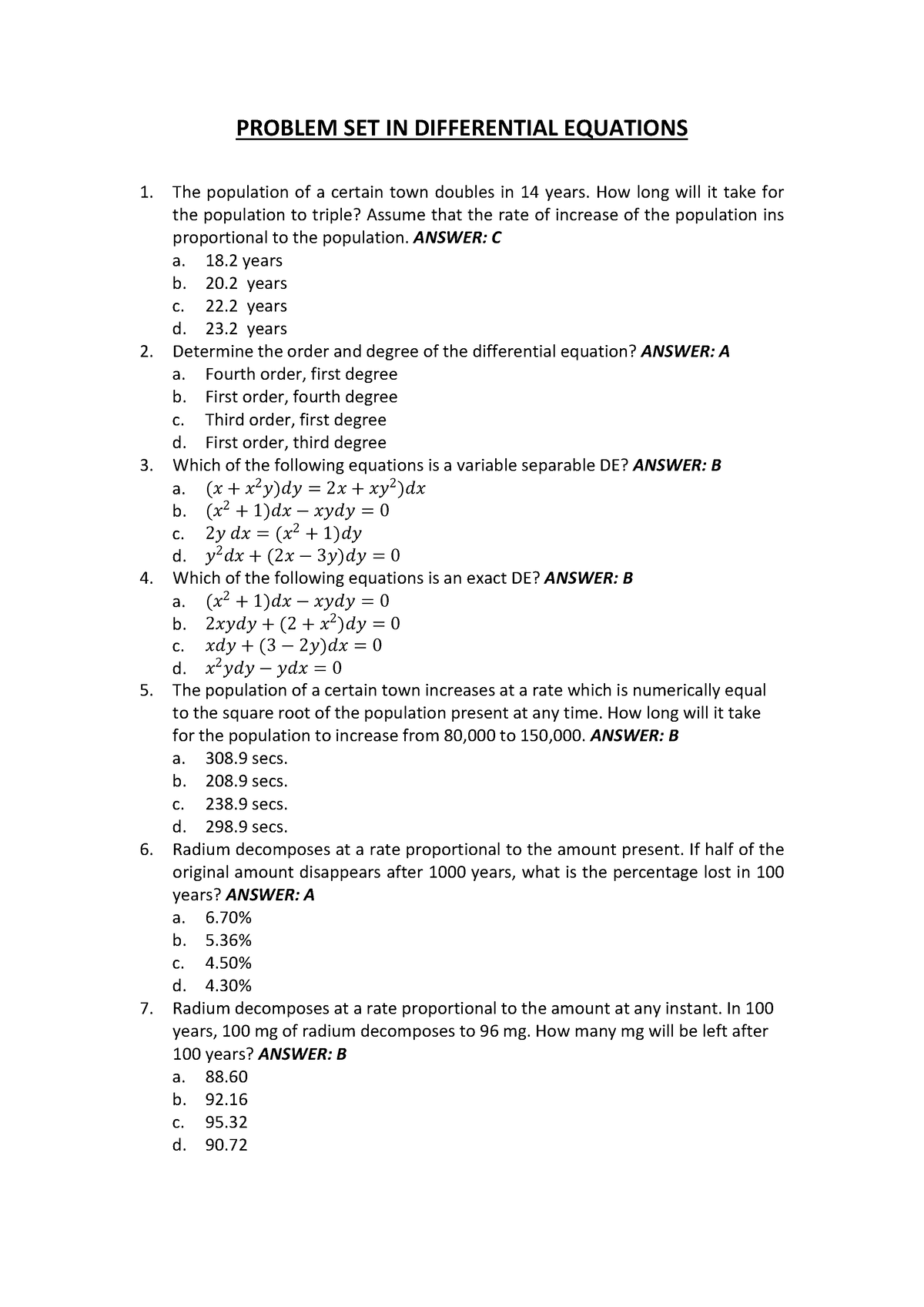 Problem SET IN Differential Equation - PROBLEM SET IN DIFFERENTIAL ...