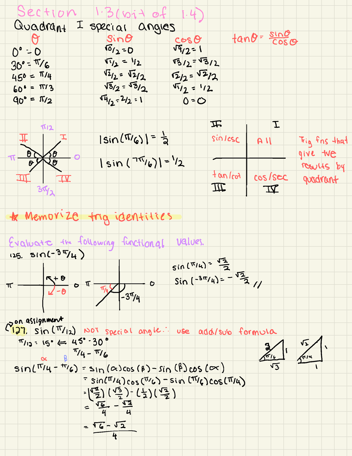 Tutorial 3- Sept 21 - Section 1 bit of I. 4) Quadrant I special angles ...