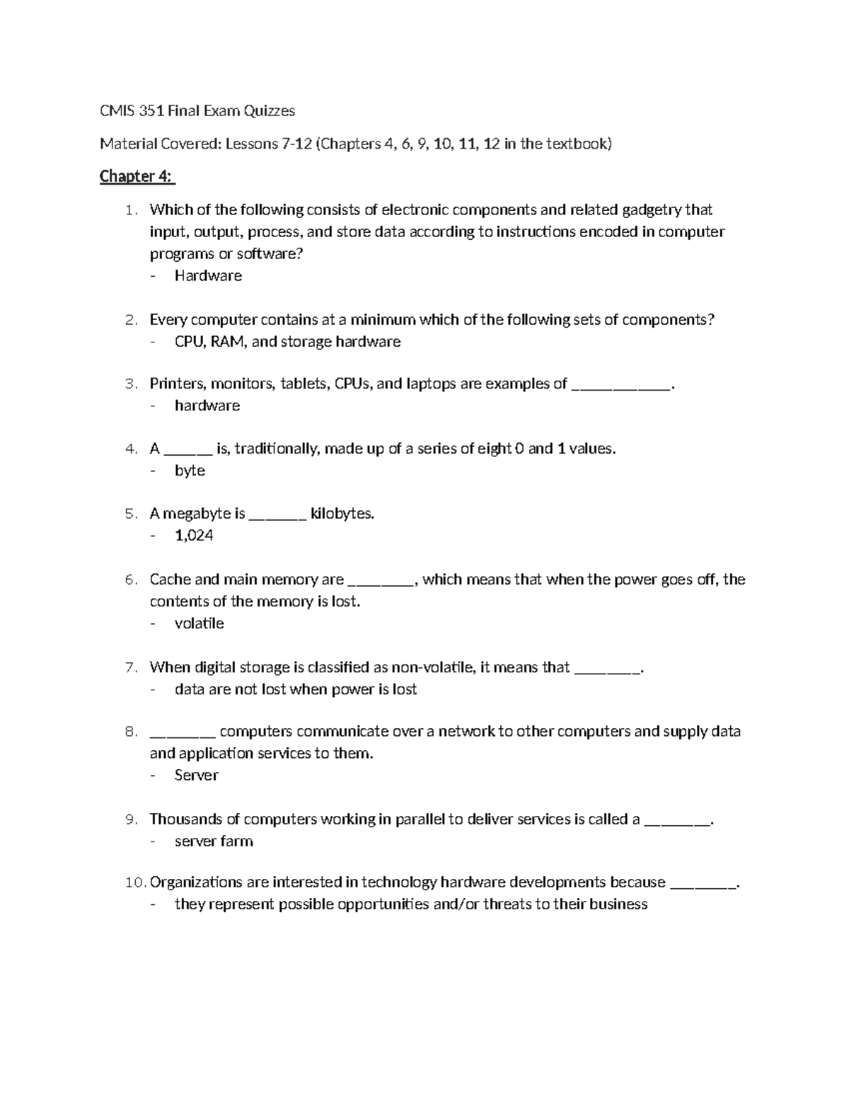 CMIS Final Examination - CMIS 351 Final Exam Quizzes Material Covered ...