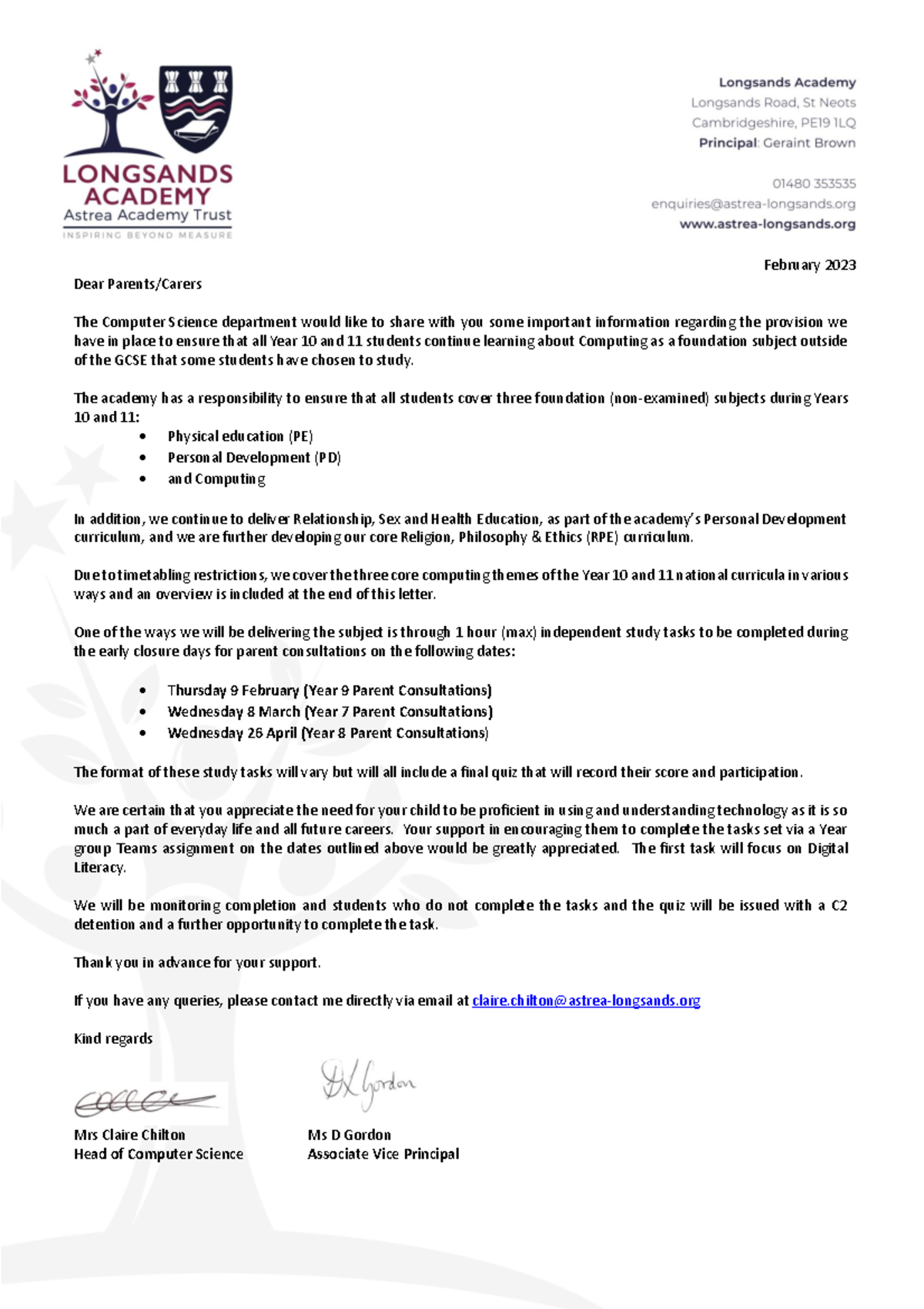 CMC KS4 Computing Early Closure Tasks - February 2023 Dear Parents ...