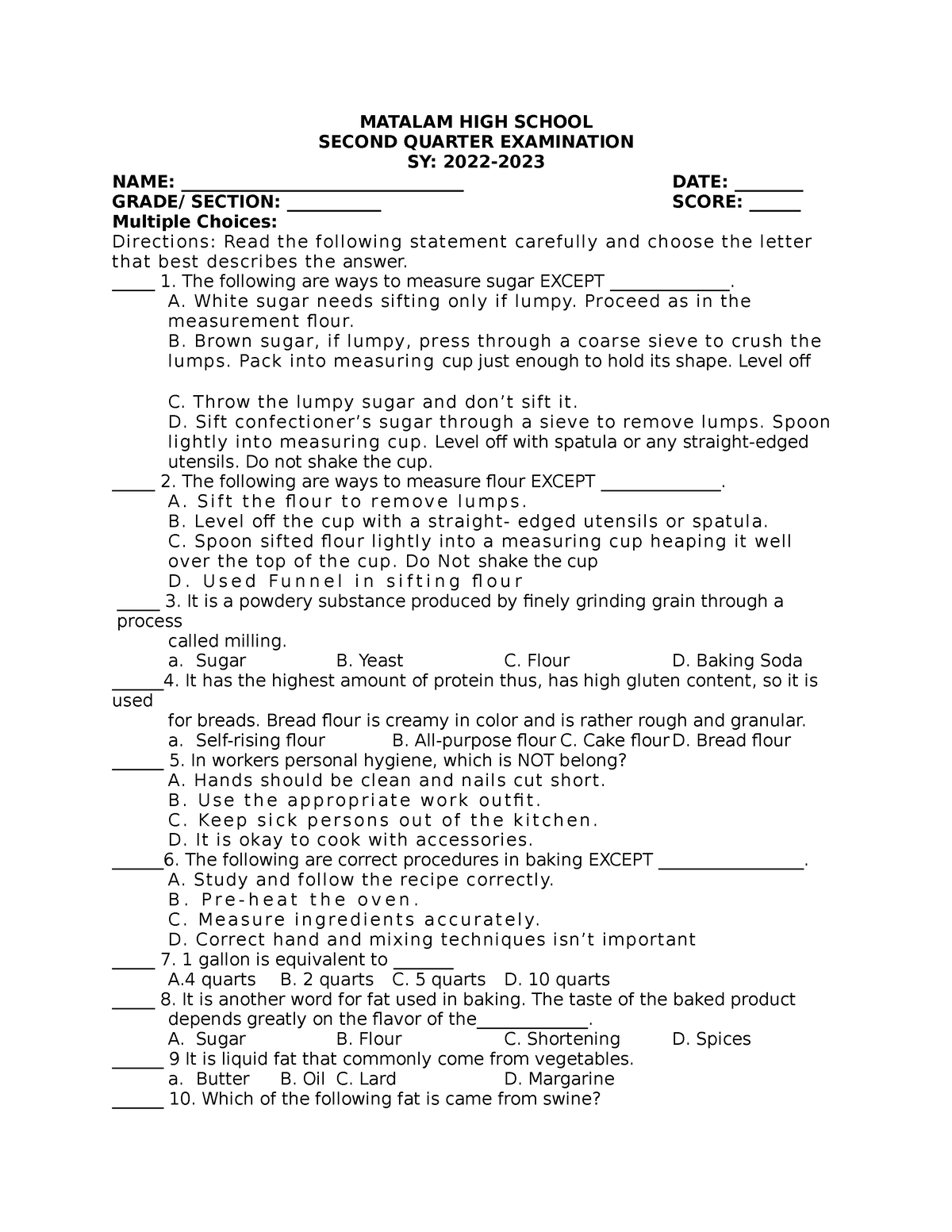 BPP final exam 2nd quarter MATALAM HIGH SCHOOL SECOND QUARTER