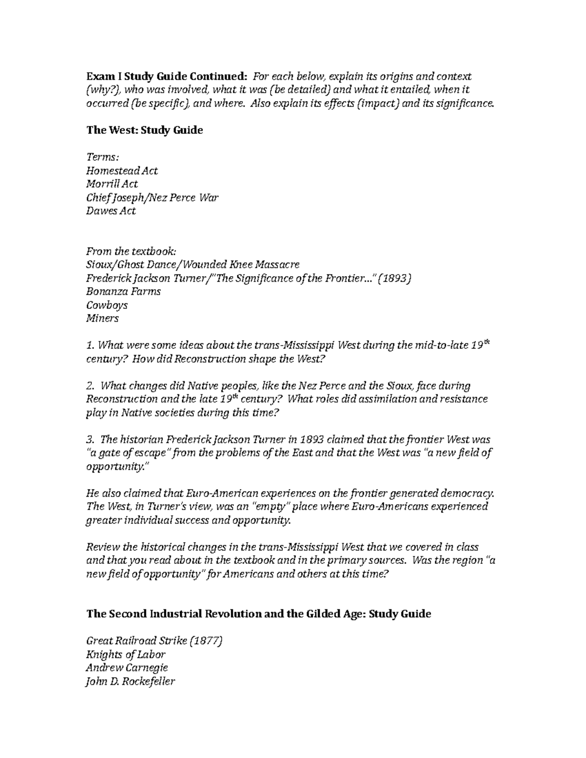 MIdterm 1 - Study Guide - Exam I Study Guide Continued: For each below ...