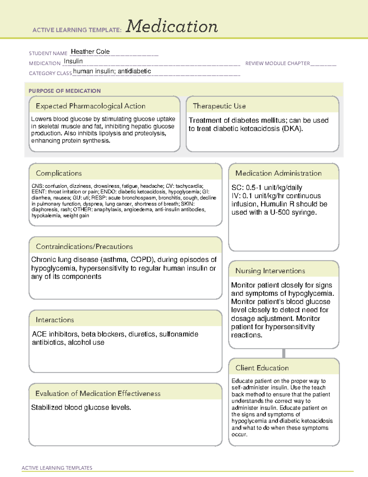 Insulin - drug cards - ACTIVE LEARNING TEMPLATES Medication STUDENT