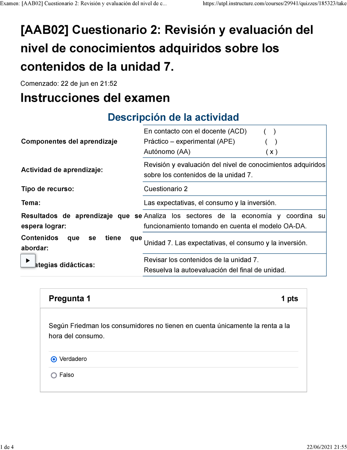 Examen [AAB02] Cuestionario 2 Revisión Y Evaluación Del Nivel De ...