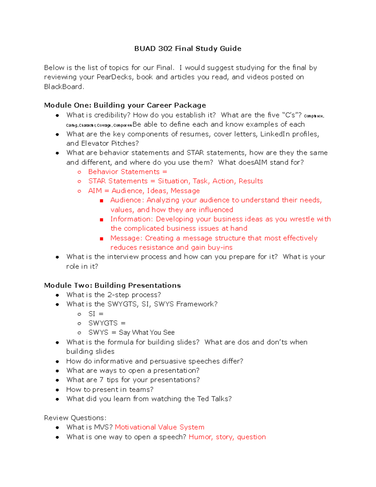 BUAD 302 Cheat Sheet - BUAD 302 Final Study Guide Below Is The List Of ...