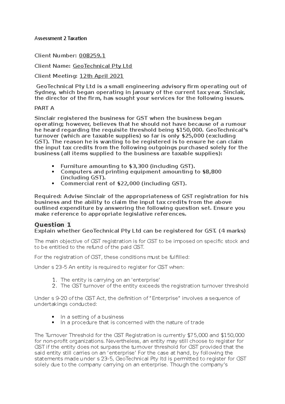 Assessment 2 Taxation - assignment 2 - Assessment 2 Taxation Client ...