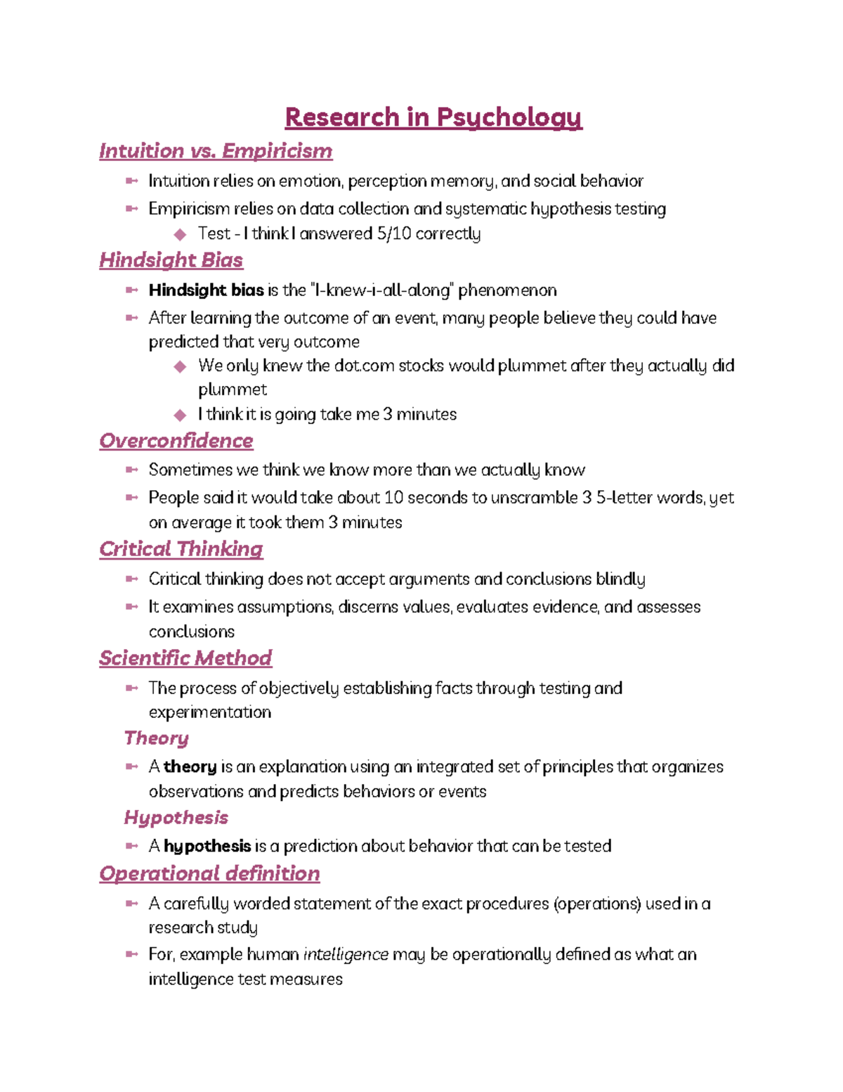 Research in Psychology Notes - Research in Psychology Intuition vs ...