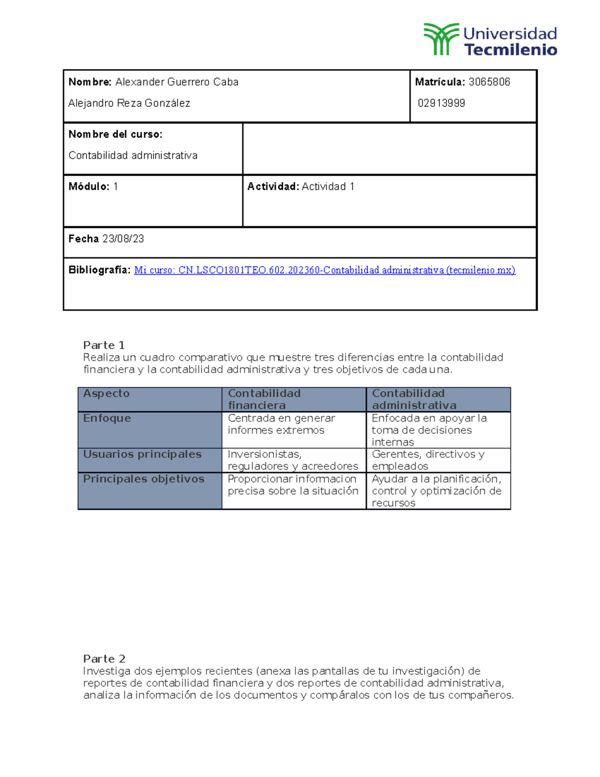Contabilidad Administrativa Actividad 1 - Nombre: Alexander Guerrero ...