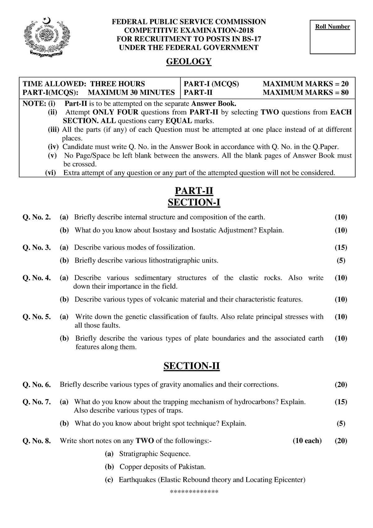 Geology 2018 - Note - TIME ALLOWED: THREE HOURS PART-I(MCQS): MAXIMUM ...