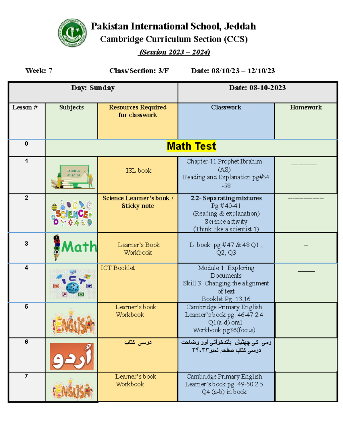3F week 7 Weekly schedule Cambridge Curriculum Section (CCS) (Session