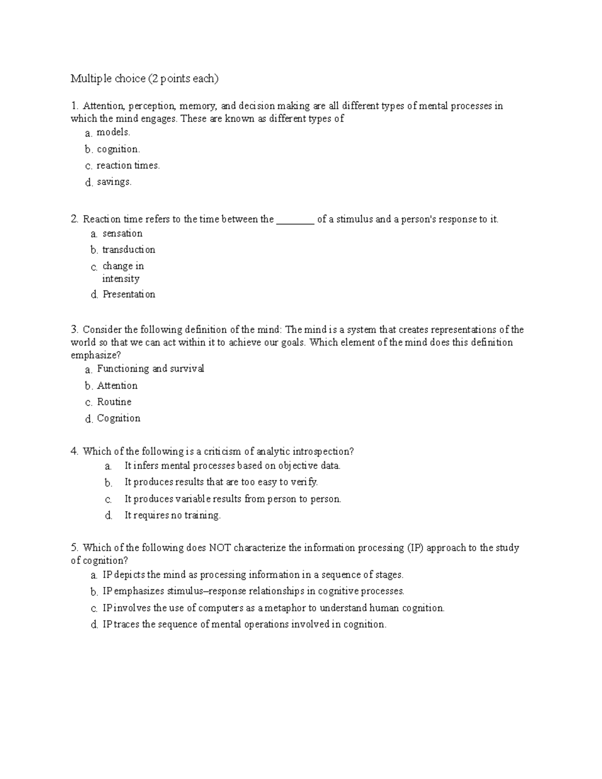 Assignment Chapter 1 2 - Multiple choice (2 points each) 1. Attention ...