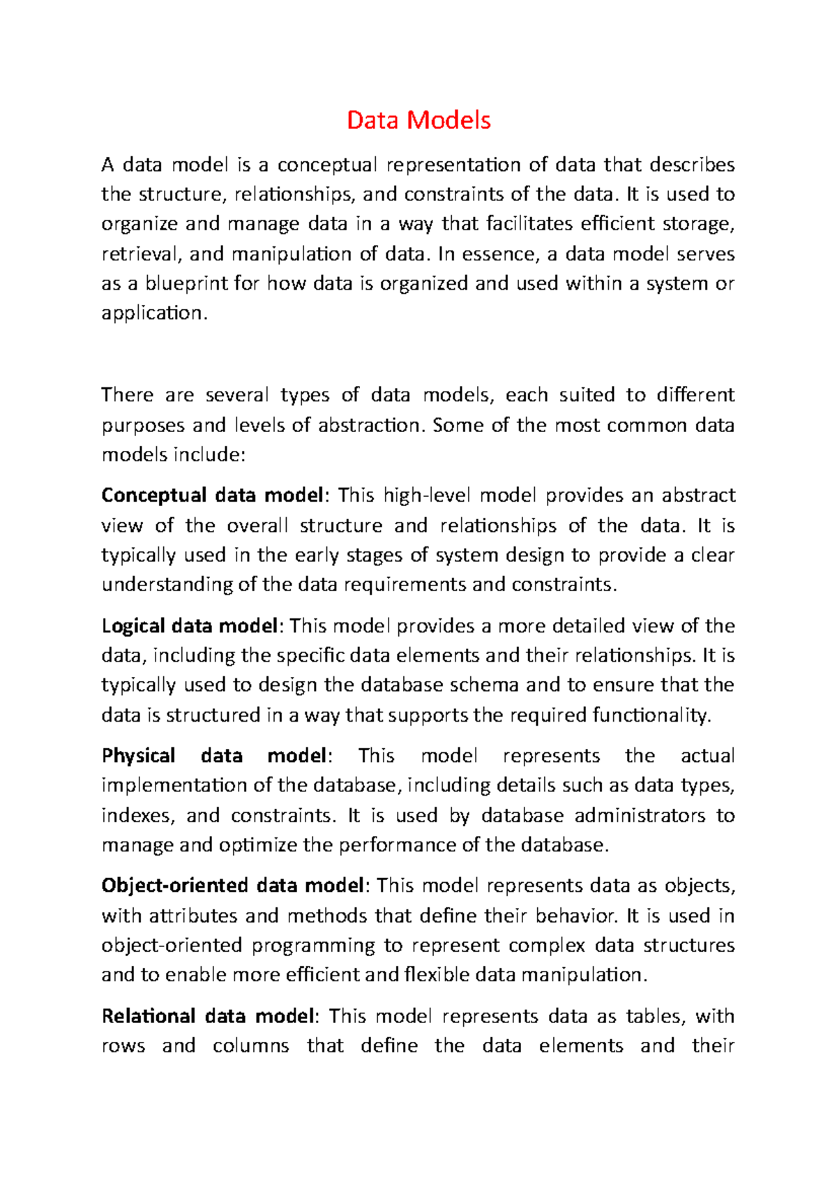Data Models - NOTES - Data Models A data model is a conceptual ...