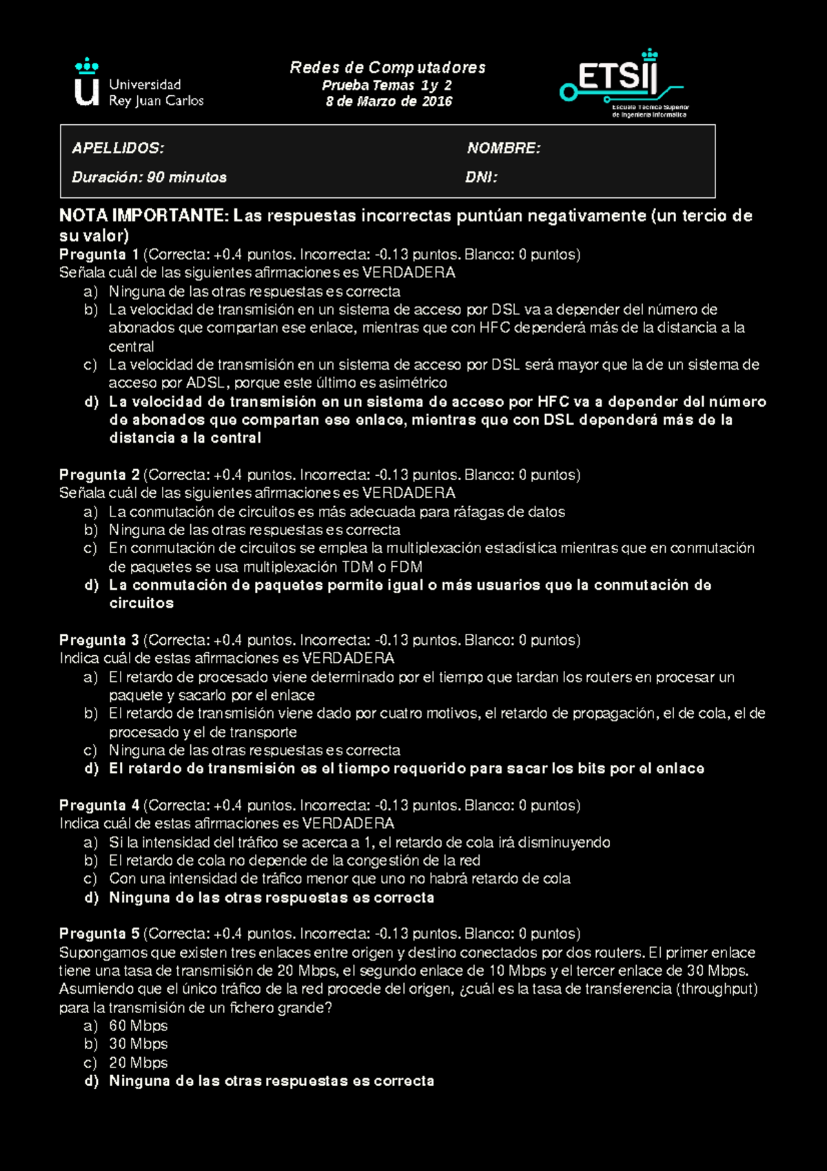 Examen Marzo Temas 1 2 Soluciones - Redes De Computadores Prueba Temas ...