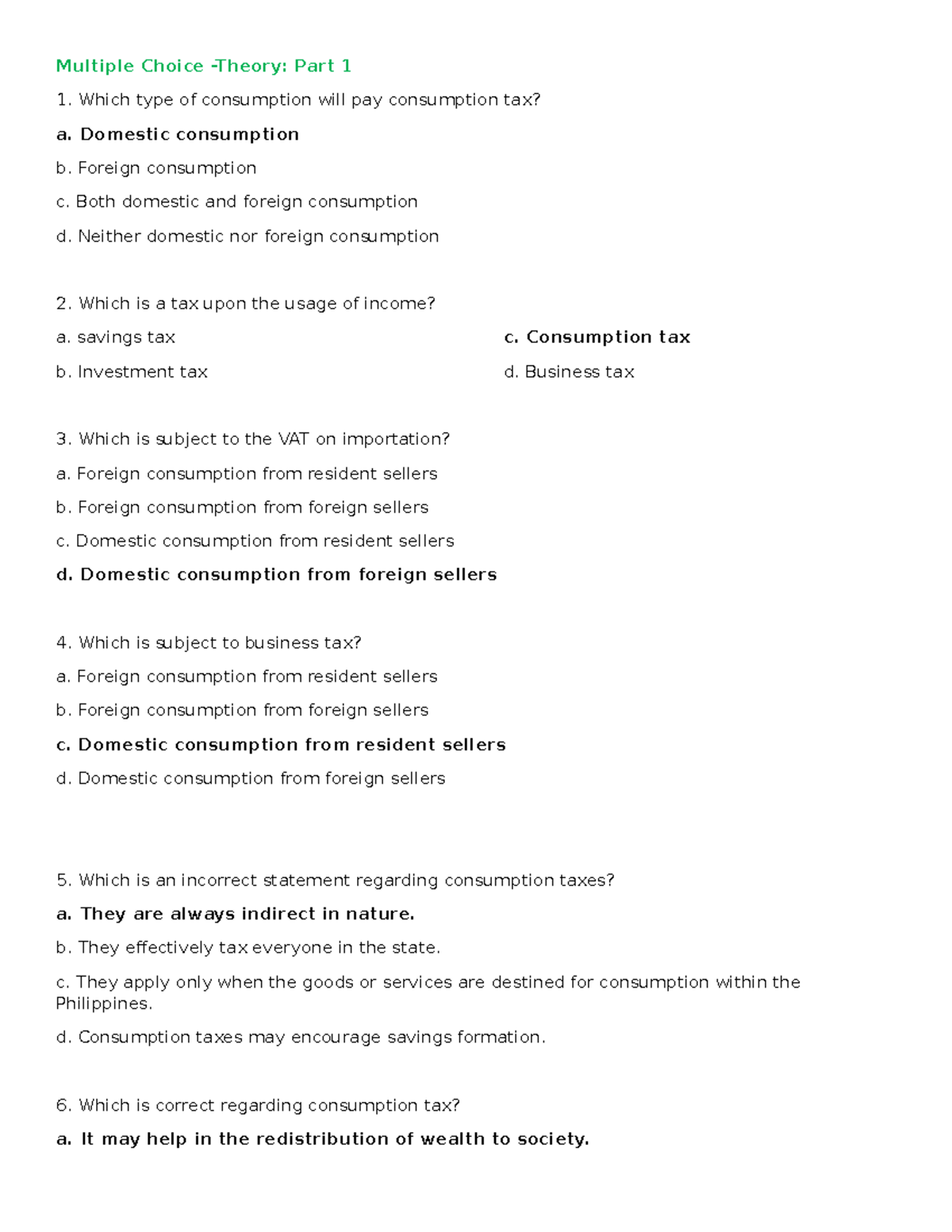 Taxation Chapter 1 Multiple Choice Part 1 - Multiple Choice -Theory: Part 1 Which Type Of - Studocu