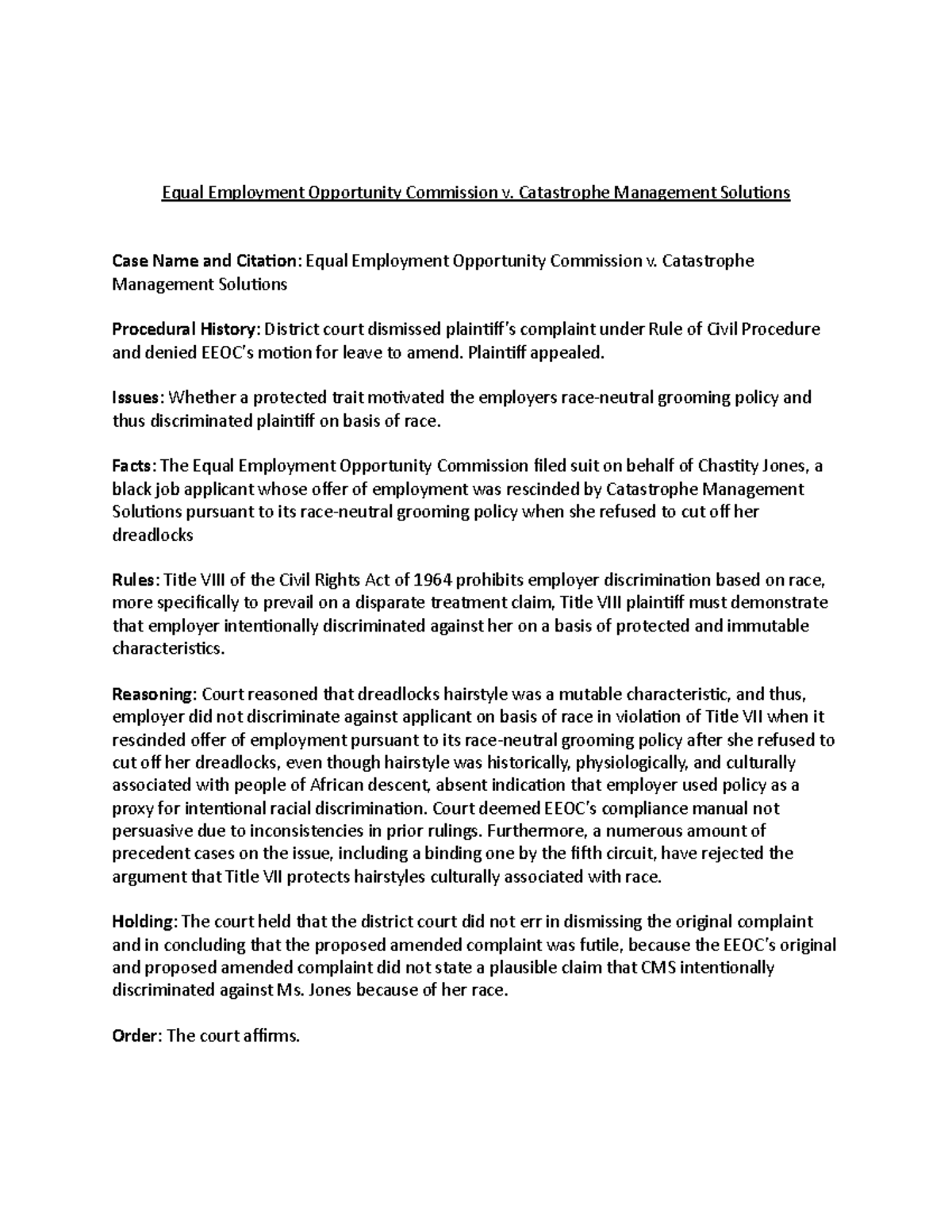 EEOC v. CMS Case Brief Equal Employment Opportunity Commission v