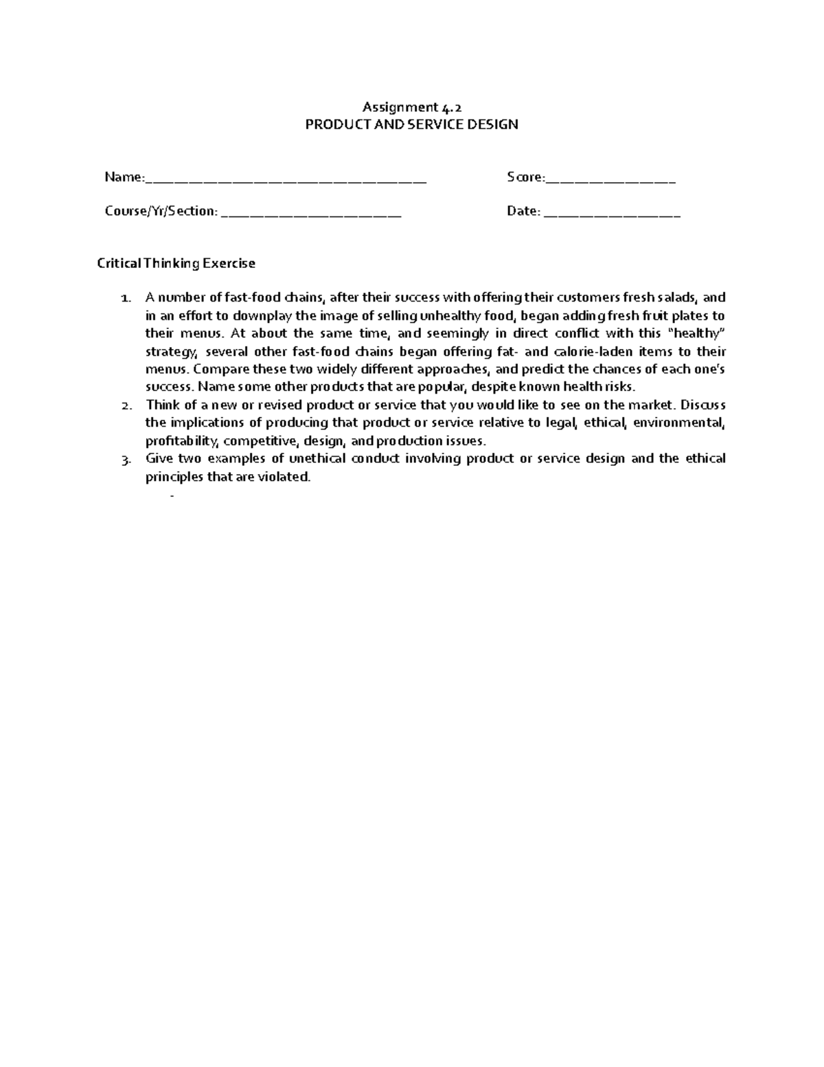 Assignment 4 - PRODUCT AND SERVICE DESIGN Name ...