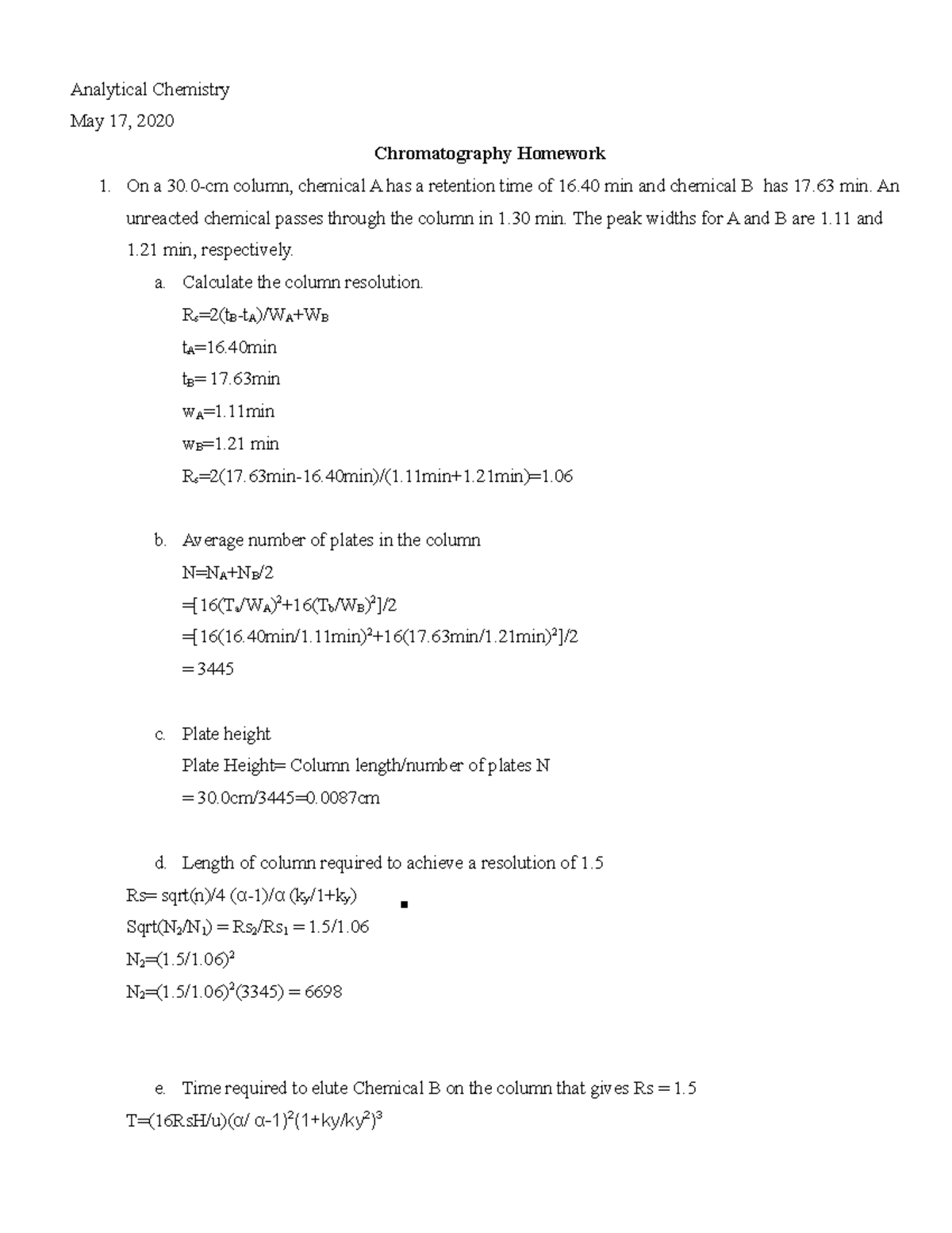 Chromatography Homework Analytical Chemistry May 17, 2020