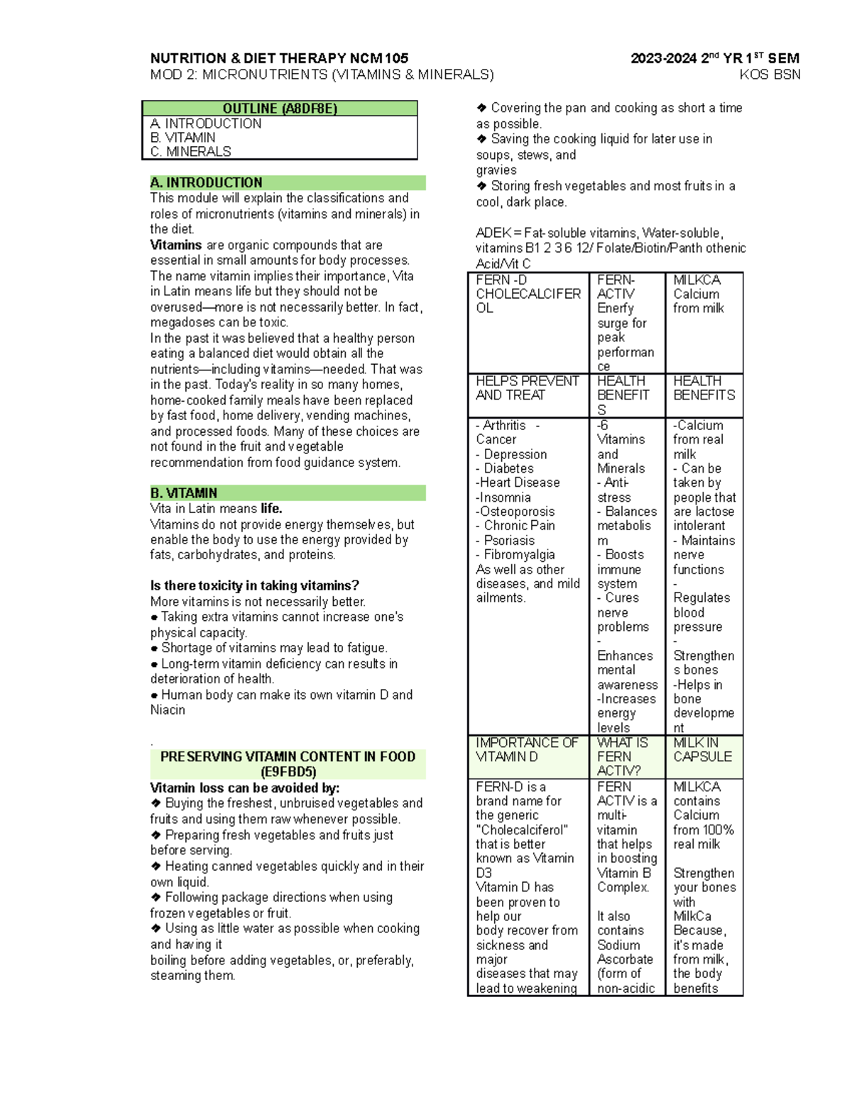 NCM 105 NDT MOD 2 Micronutrients - MOD 2: MICRONUTRIENTS (VITAMINS ...