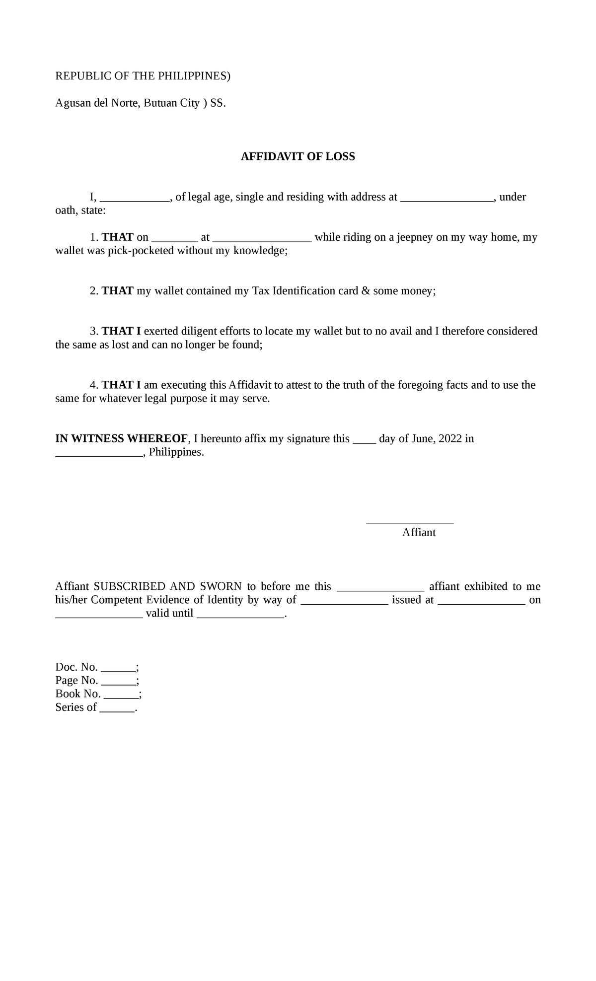 Affidavit of Loss - REPUBLIC OF THE PHILIPPINES) Agusan del Norte ...