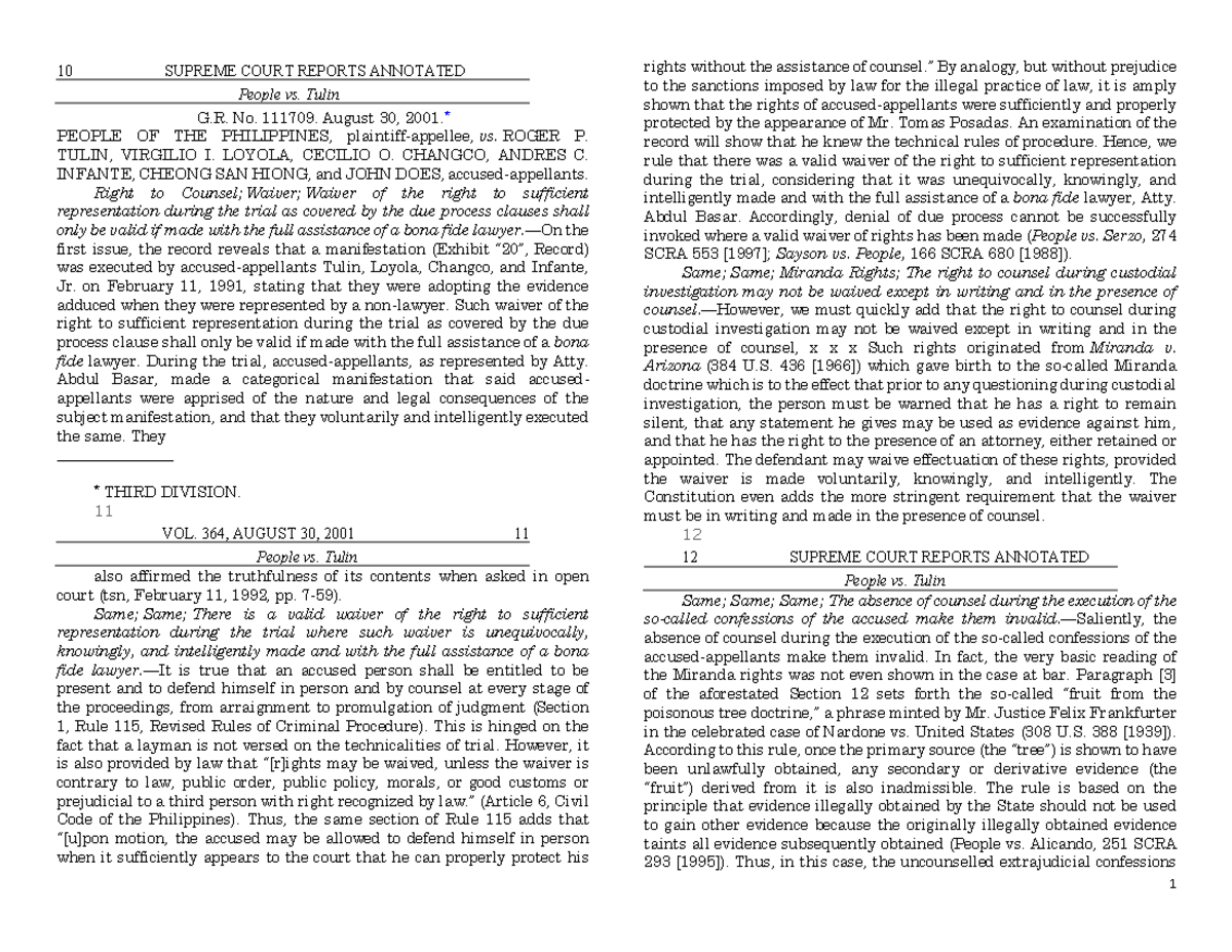 6 - People V. Tulin - 10 SUPREME COURT REPORTS ANNOTATED People Vs ...