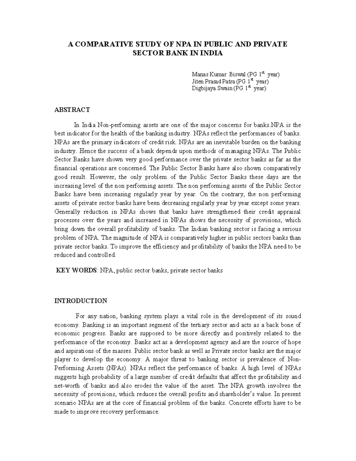 research paper on npa comparative study