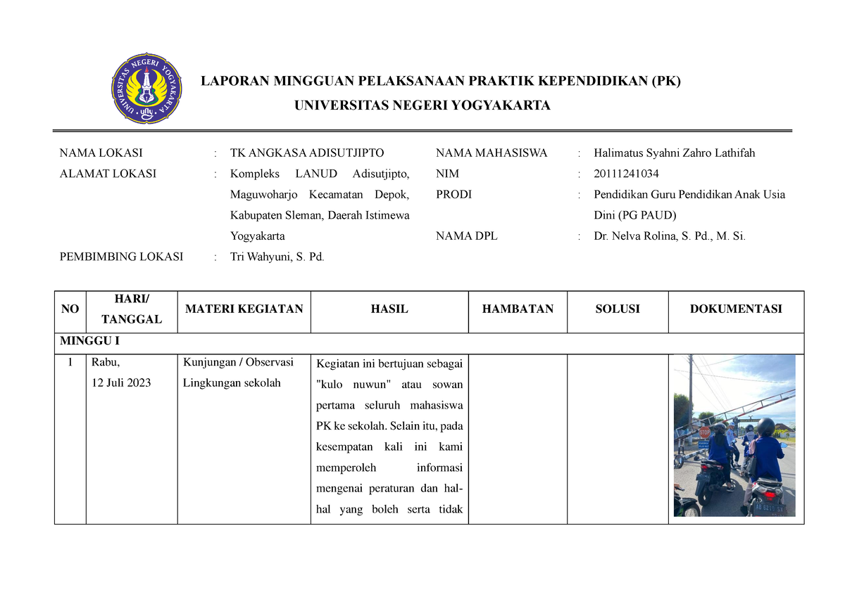 Logbook MG I II - LAPORAN MINGGUAN PELAKSANAAN PRAKTIK KEPENDIDIKAN (PK ...