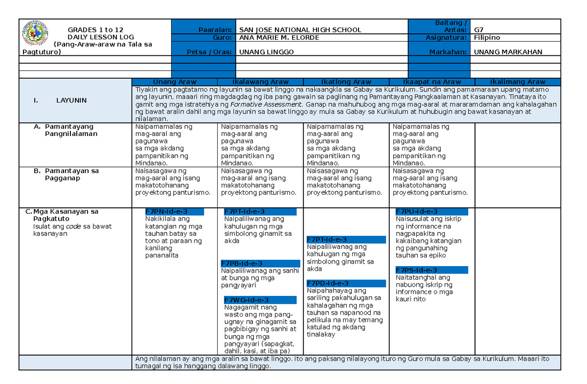 Aralin 1 - FILIPINO - GRADES 1 To 12 DAILY LESSON LOG (Pang-Araw-araw ...