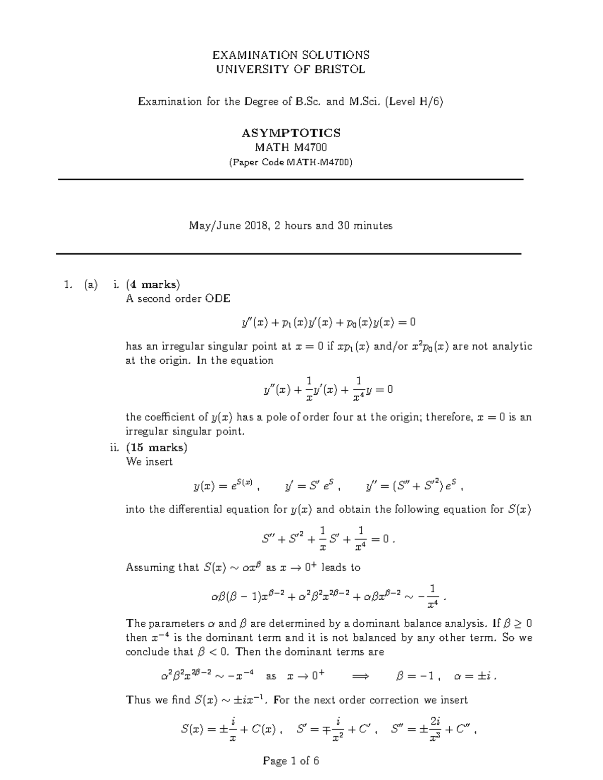 Asymptotics Exam Solutions 2018 - EXAMINATION SOLUTIONS UNIVERSITY OF ...