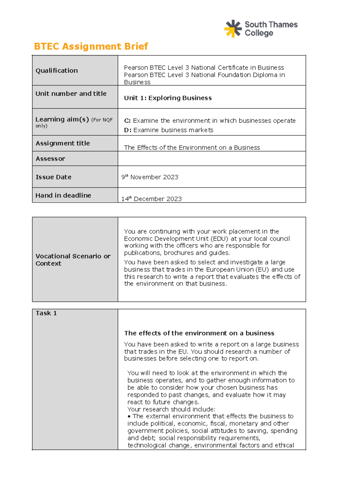 Unit 1 Exploring Business Assignment 2 Of 3 C And D 2023 - BTEC ...