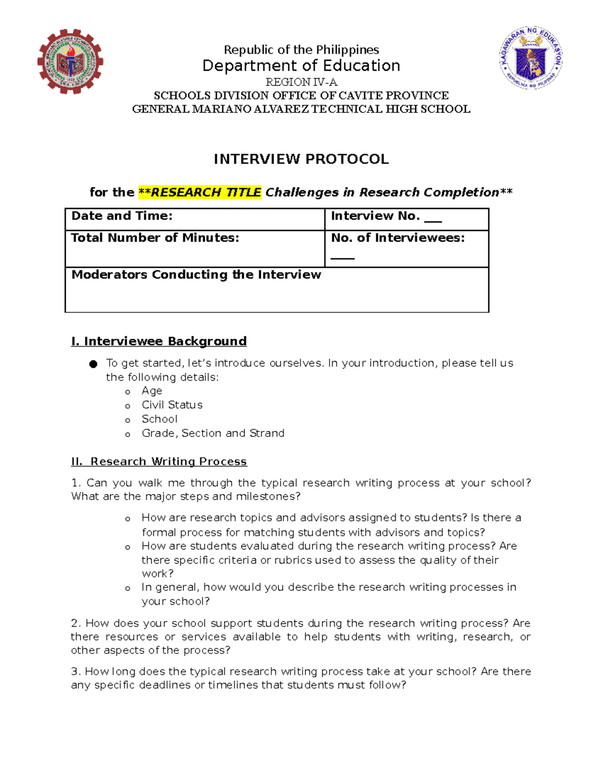 Sample questionnaire - Republic of the Philippines Department of ...