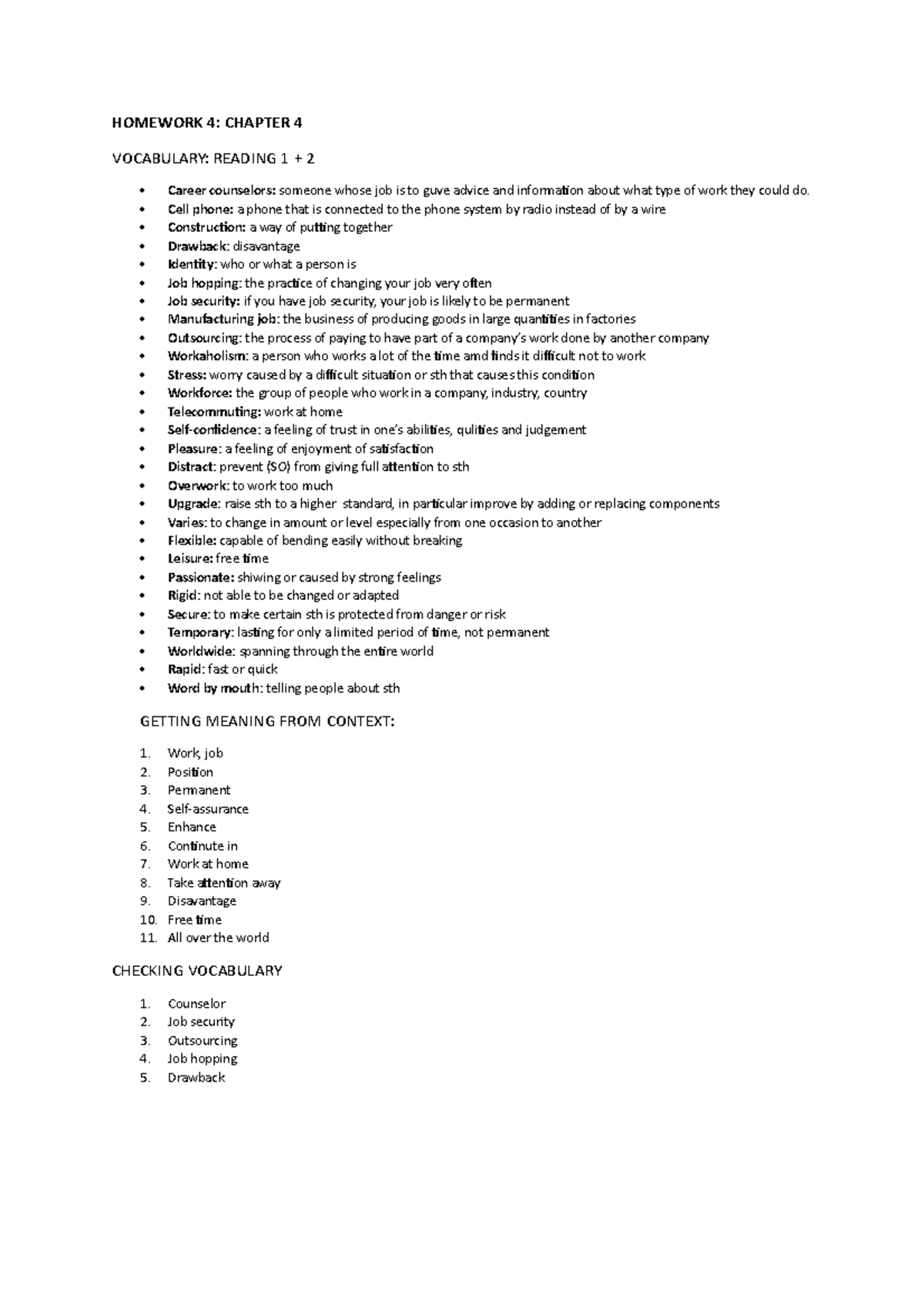 Homework 4 - eng - HOMEWORK 4: CHAPTER 4 VOCABULARY: READING 1 + 2 ...