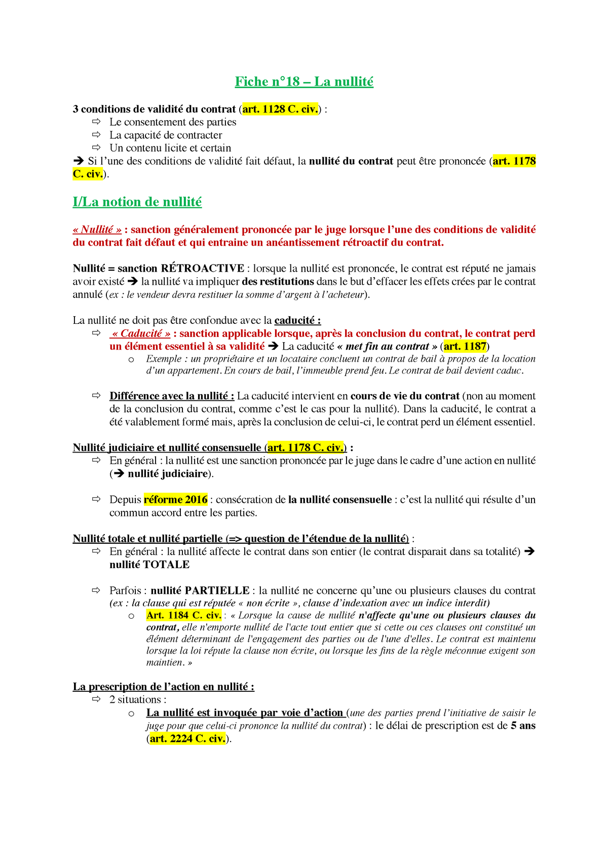 Fiche D.contrat La Nullite - Fiche N°18 – La Nullité 3 Conditions De ...