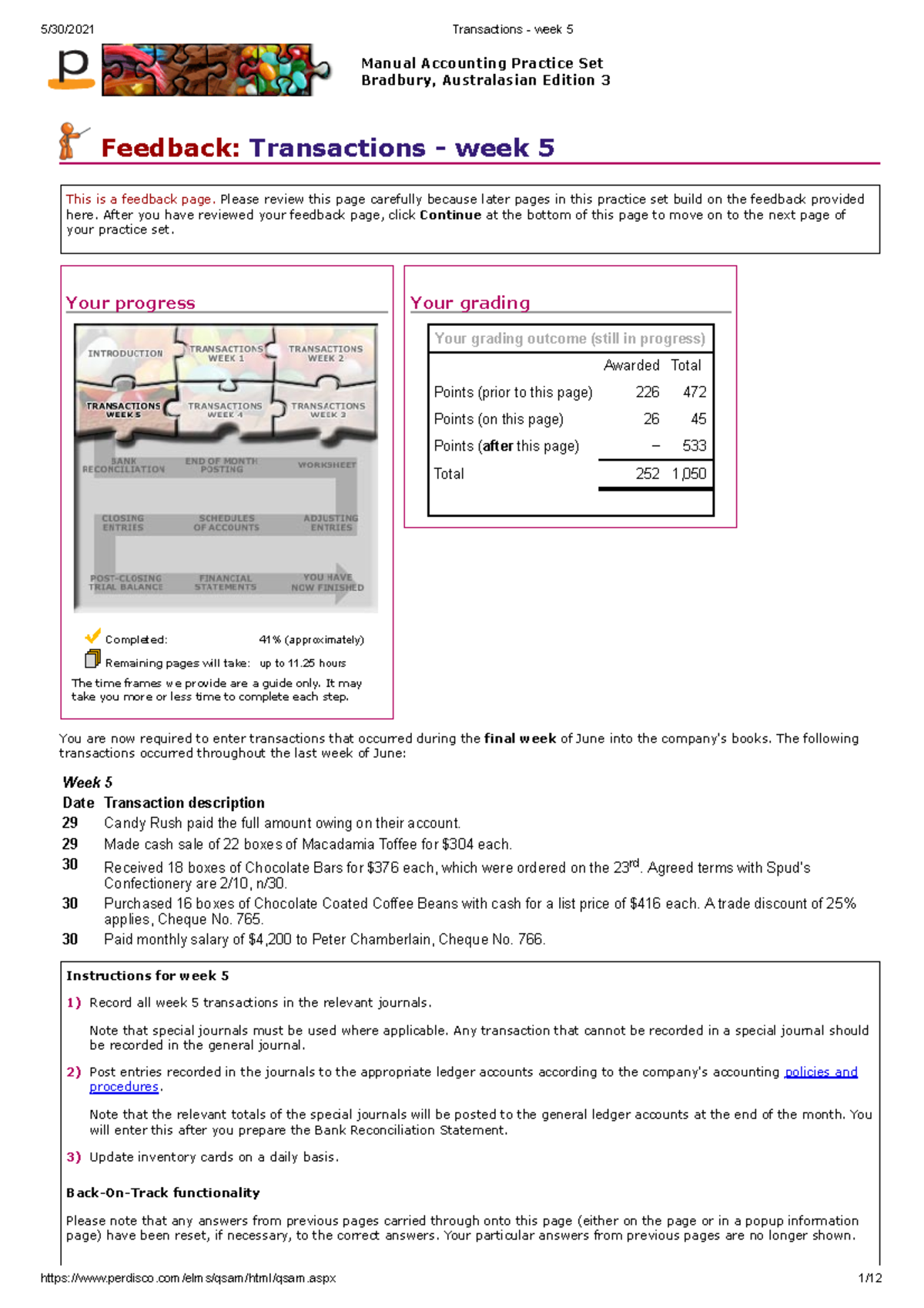 Transactions - week 5 - Perdisco Solution - Your progress Completed: 41 ...
