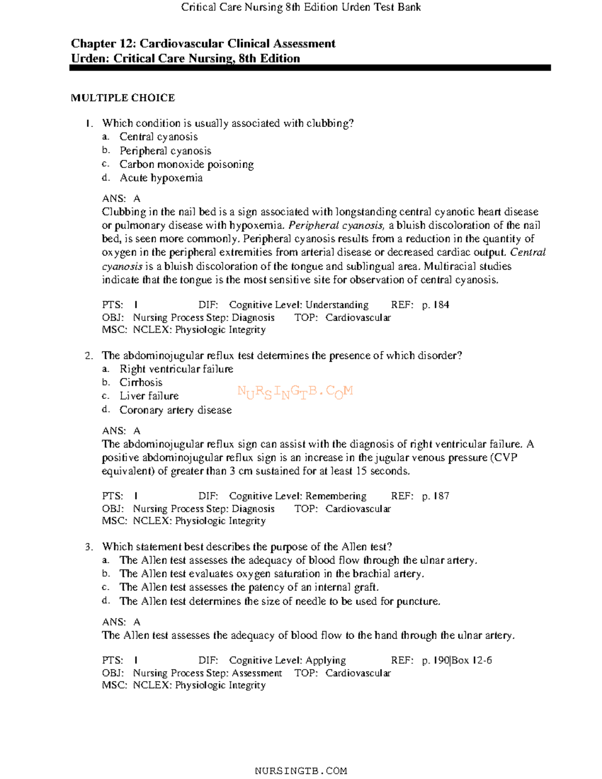 12 - studying material - NURSINGTB Chapter 12: Cardiovascular Clinical ...