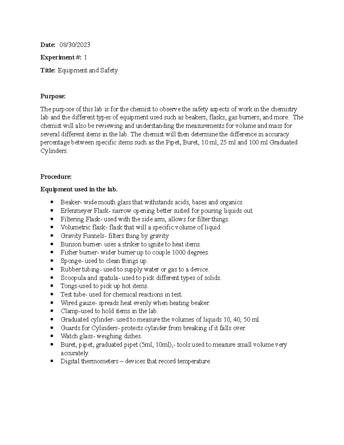 Lab 1 Chem lab chem 1 Date 08/30/ Experiment 1 Title