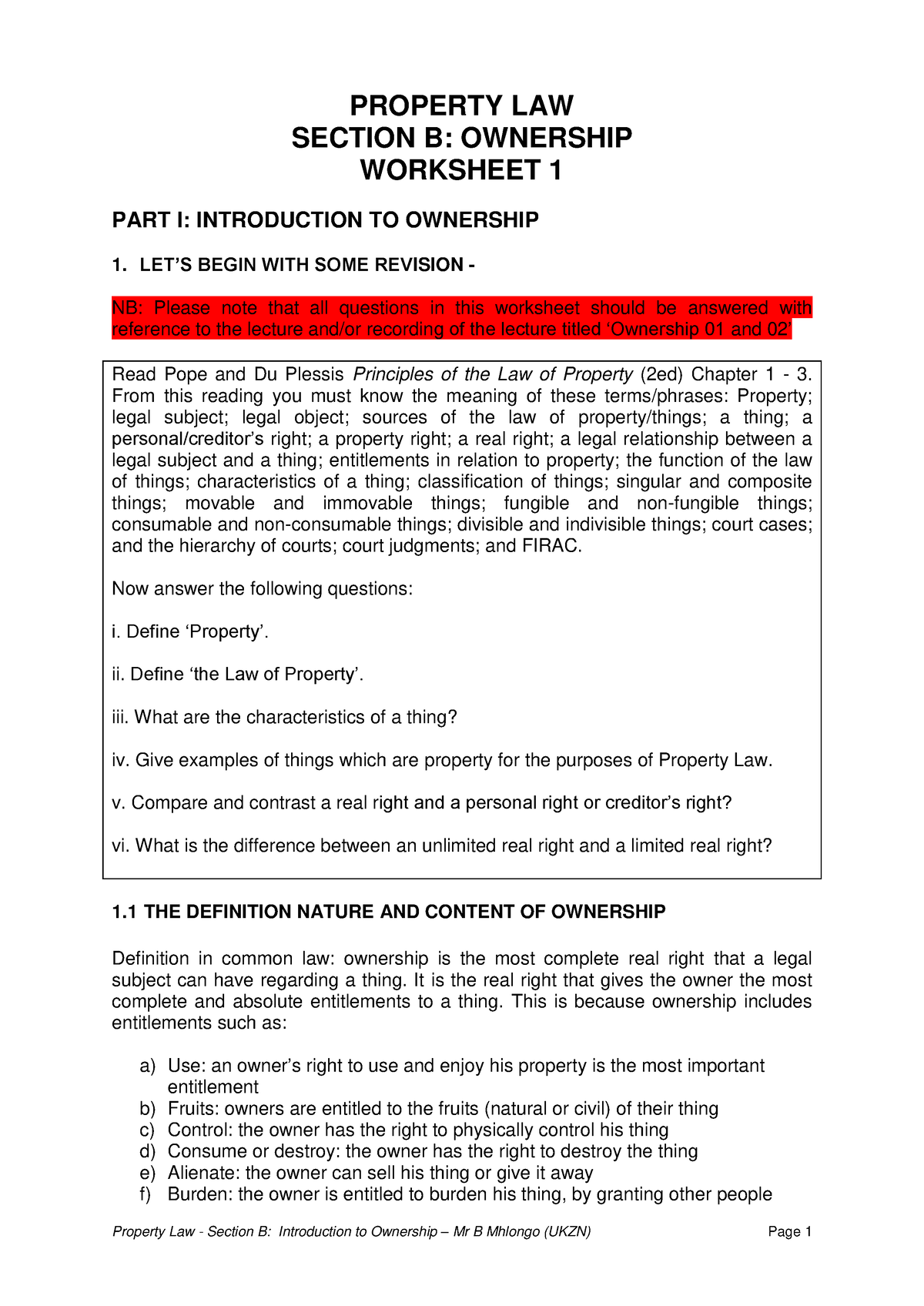 Section B - Worksheet One - Introduction To Ownership - PROPERTY LAW ...