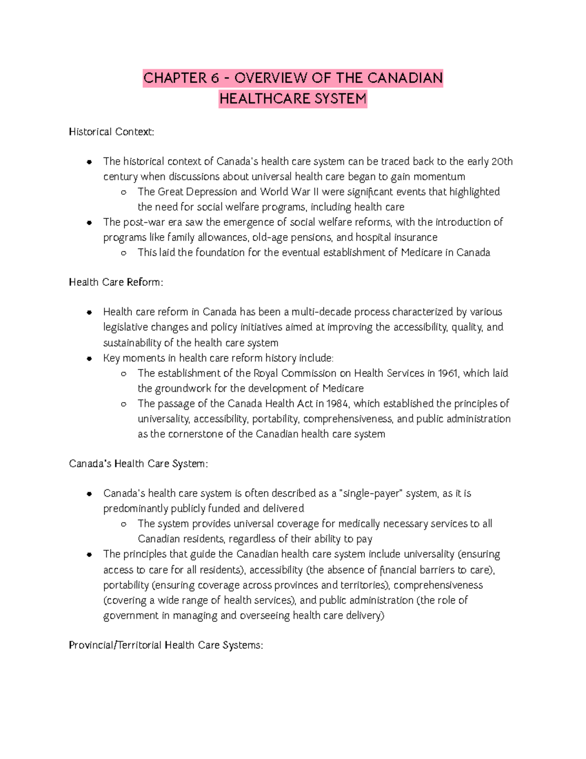 HLTH 305 - chapter 6 readings - CHAPTER 6 - OVERVIEW OF THE CANADIAN ...