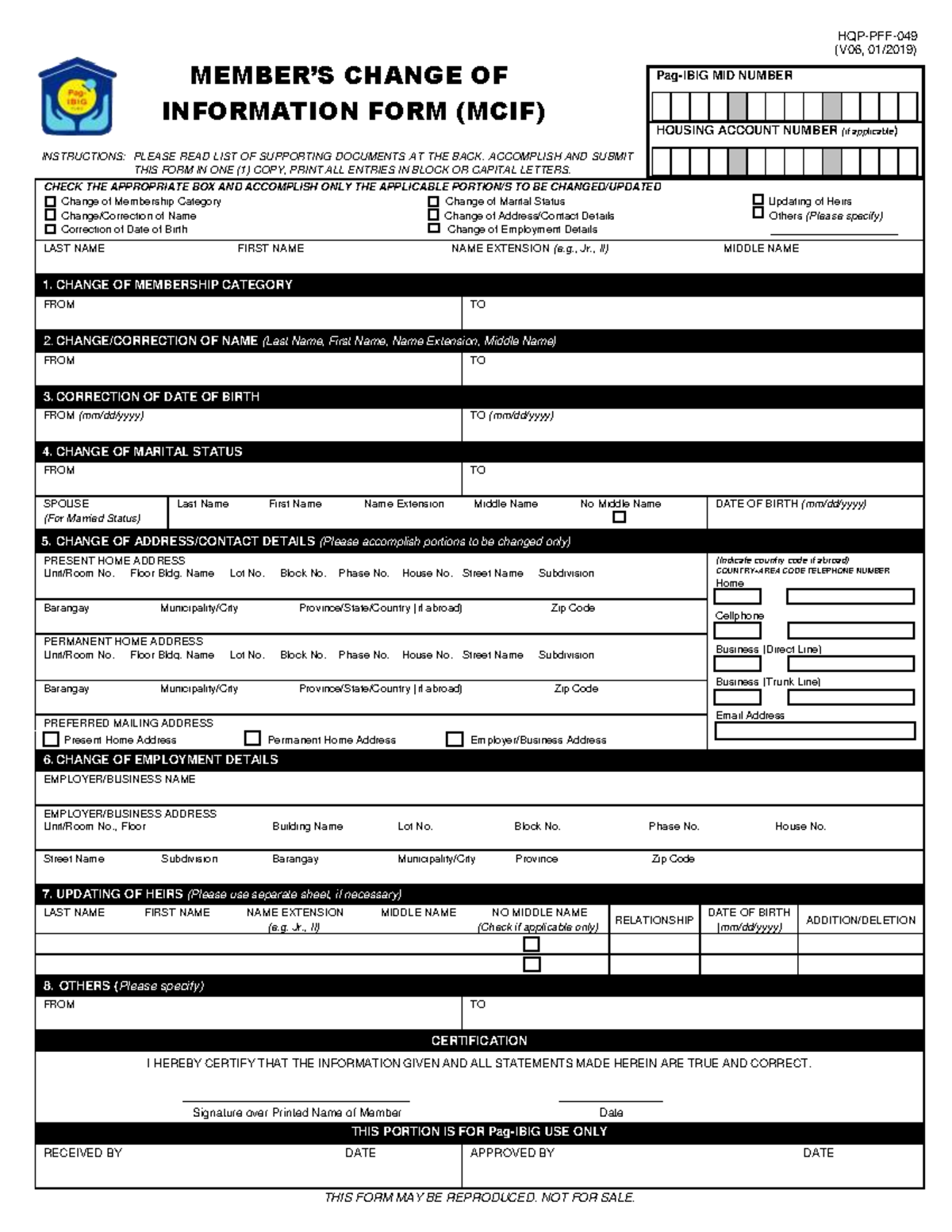 Members Change of Information Form - HQP-PFF- (V06, 01/2019) MEMBER’S ...