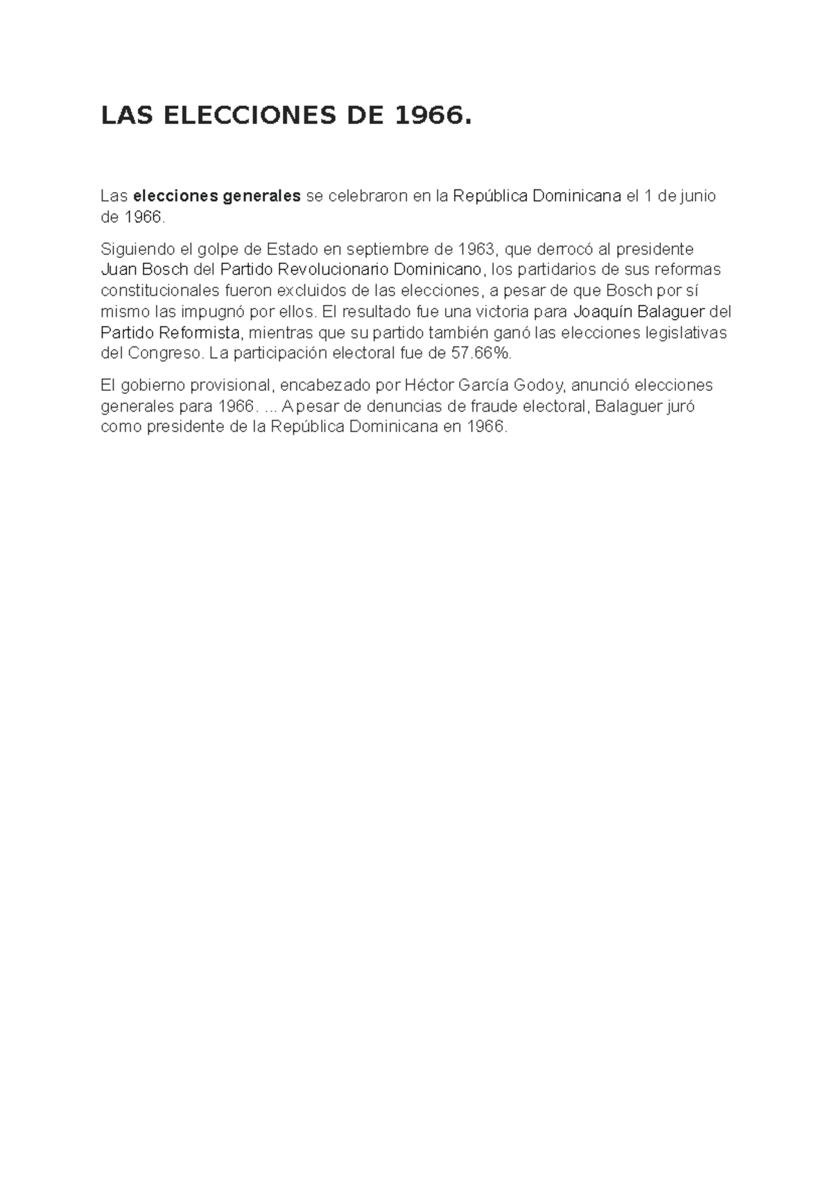C.S. LAS Elecciones DE 1966 LAS ELECCIONES DE 1966. Las elecciones